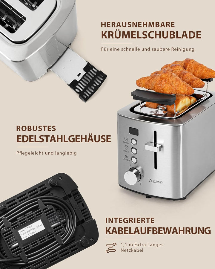 2-Scheiben Edelstahl Toaster mit 3,5 cm Breitschlitzen, LED-Countdown, 6 Bräunungsstufen, 850 W, Brö