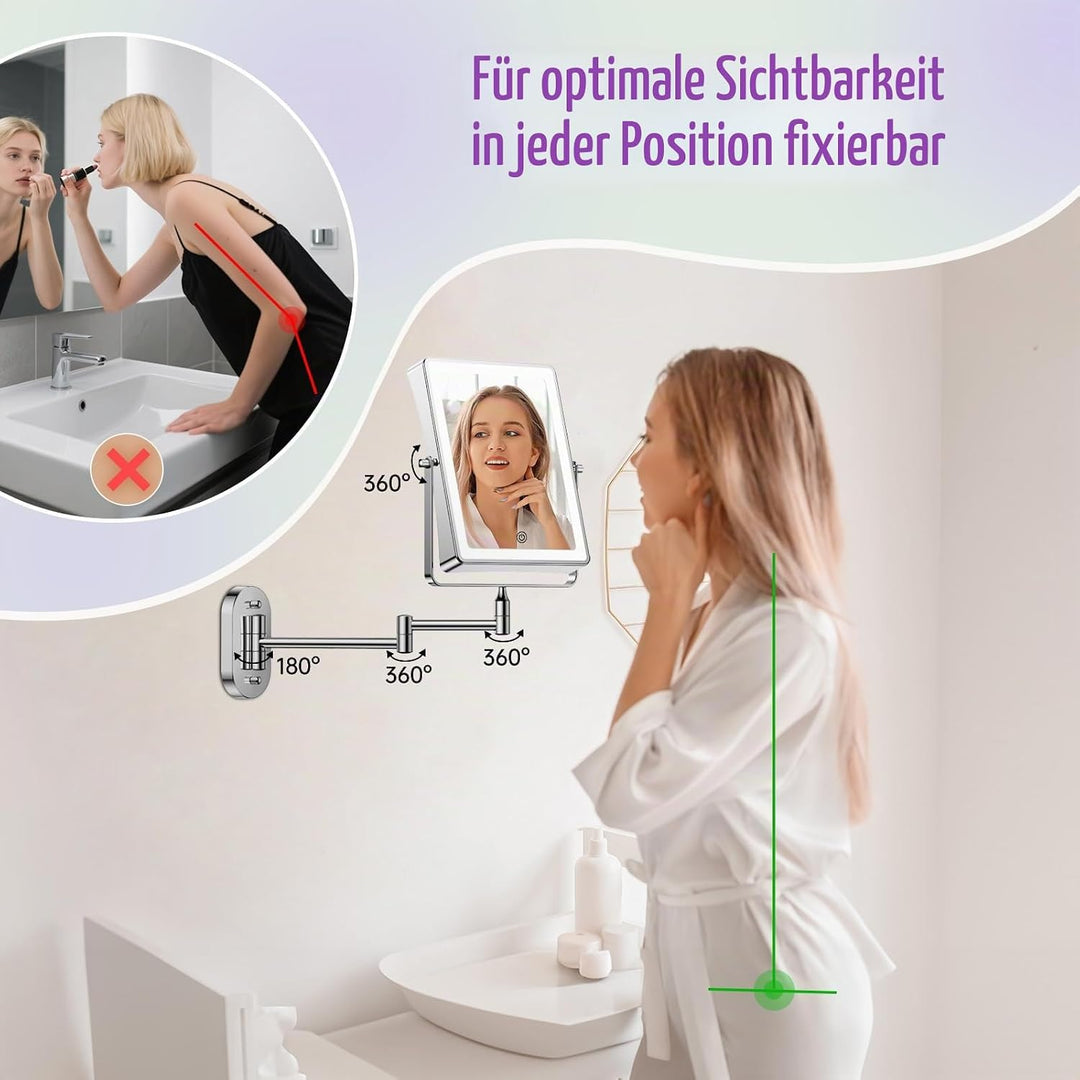 FASCINATE Wiederaufladbarer Kosmetikspiegel mit 1X/20X Vergrösserung, 3 dimmbare Lichtfarben, Touchs
