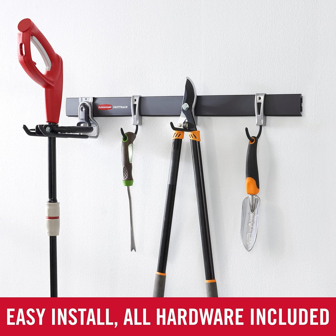 Rubbermaid FastTrack Garagenaufbewahrungshaken, 5 Stück, All-in-One Schienenhaken-Set und Werkzeug-O