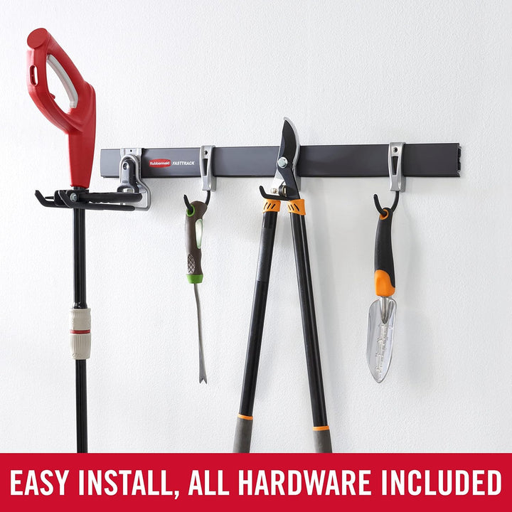 Rubbermaid FastTrack Garagenaufbewahrungshaken, 5 Stück, All-in-One Schienenhaken-Set und Werkzeug-O