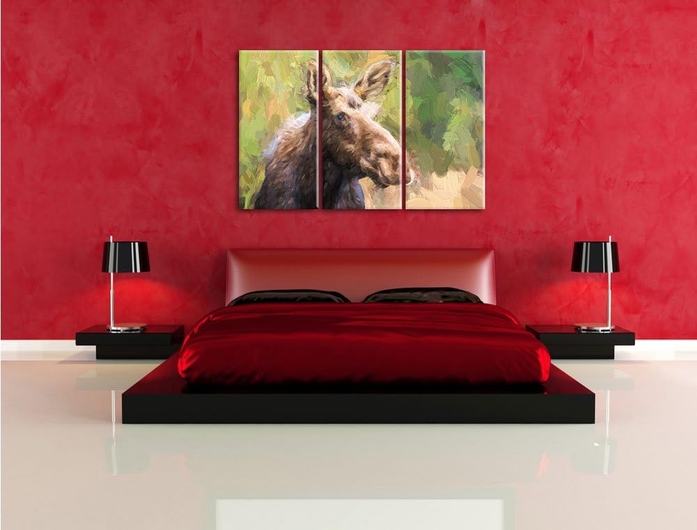 Pixxprint Elch im Wald Kunst als Leinwandbild/Grösse: 3 Teilig (120x80) / Wandbild/Kunstdruck/fertig