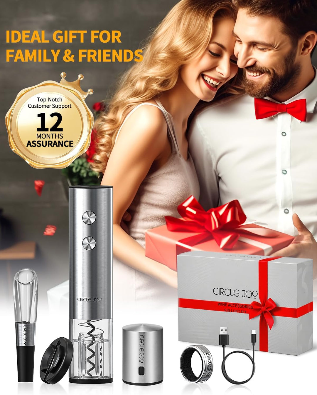 CIRCLE JOY Elektrischer Weinflaschenöffner, wiederaufladbar, 5-in-1-Wein-Geschenkset mit Folienschne