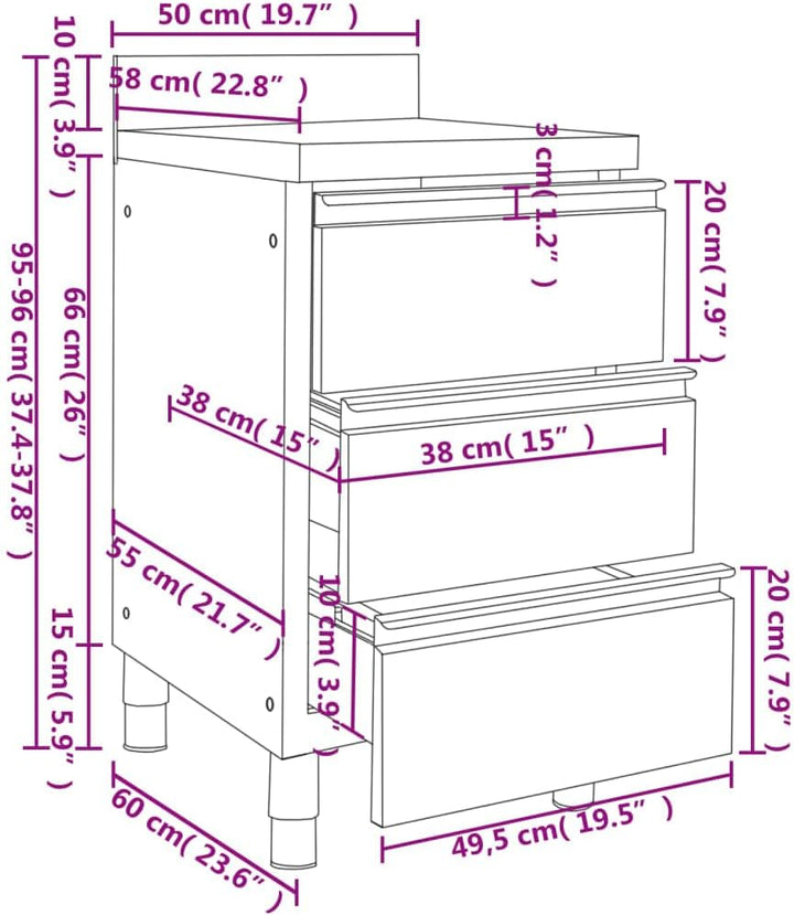 Gastro Küchenschrank mit 3 Schubladen Edelstahl 50 x 60 x (95-96) cm mit 3 Schubladen, 50 x 60 x (95
