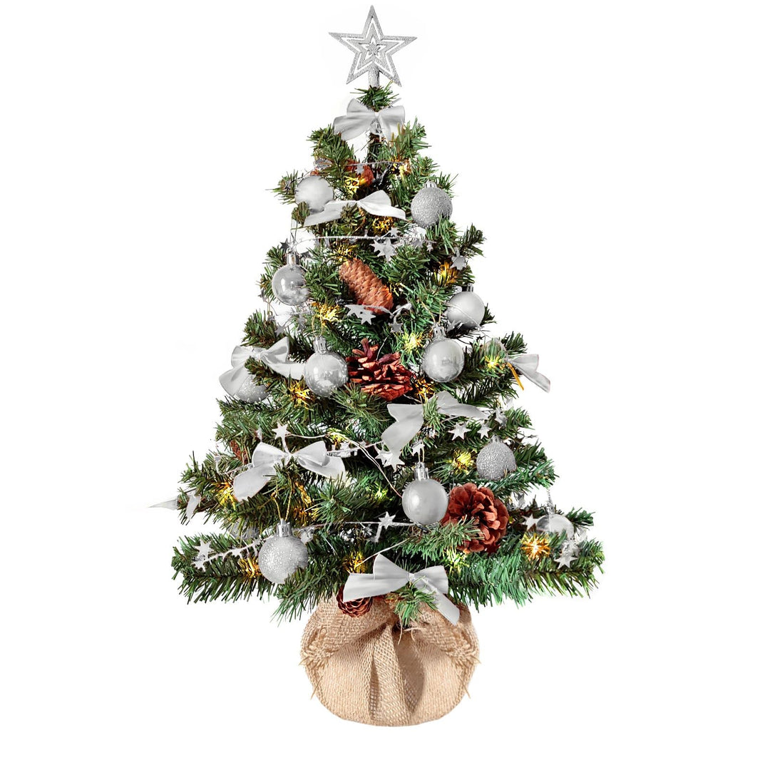 Weihnachtsbaum künstlich (WBD) 60 cm grün mit Weihnachtsdeko Silber und Led Lichterkette mit Batteri