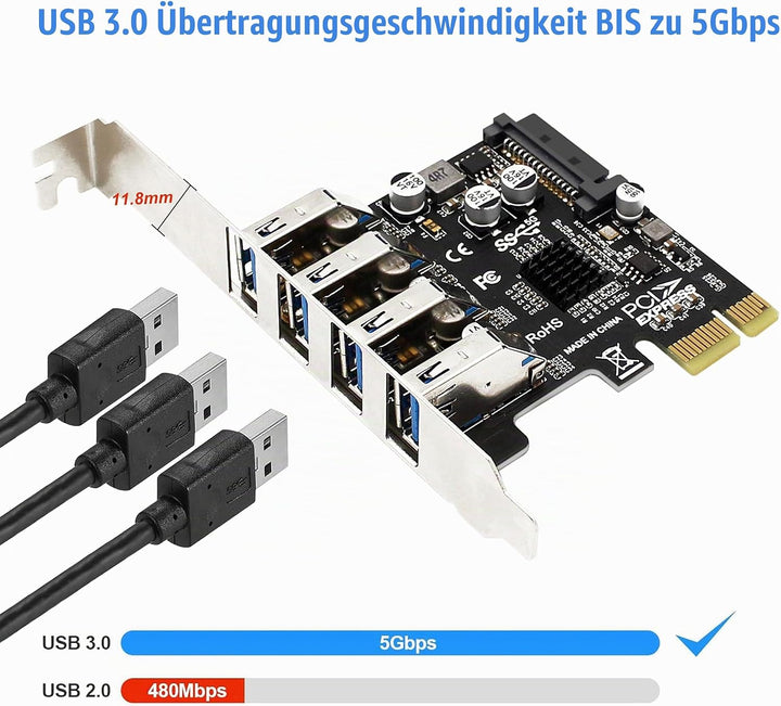 Interne 4-Port PCIe USB-Erweiterungskarte, USB 3.2 Gen 1 (5 Gbit/s), interner Hub-Adapter-Controller