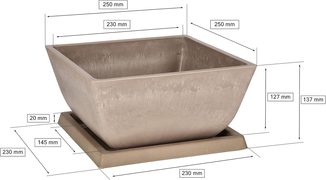KOTARBAU® Blumentopf Pflanzgefäss aus recycelten Materialien 26x26x12,7cm mit Untersetzer 23x23x2cm