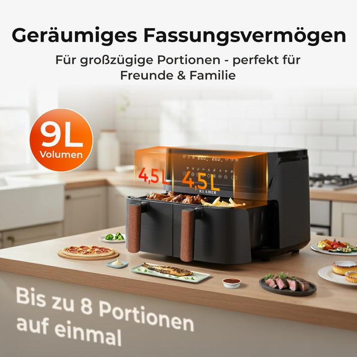 KLAMER Heissluftfritteuse Duo 9 L – Doppelkammer Airfryer mit 2 Körben & Digitaldisplay, 10 Automati