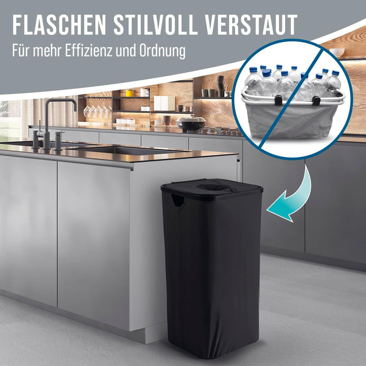 Pfandflaschen-Sammelbehälter mit Deckel | Inklusive 2 Tragetaschen & Klettverschluss | Grosses Fassu