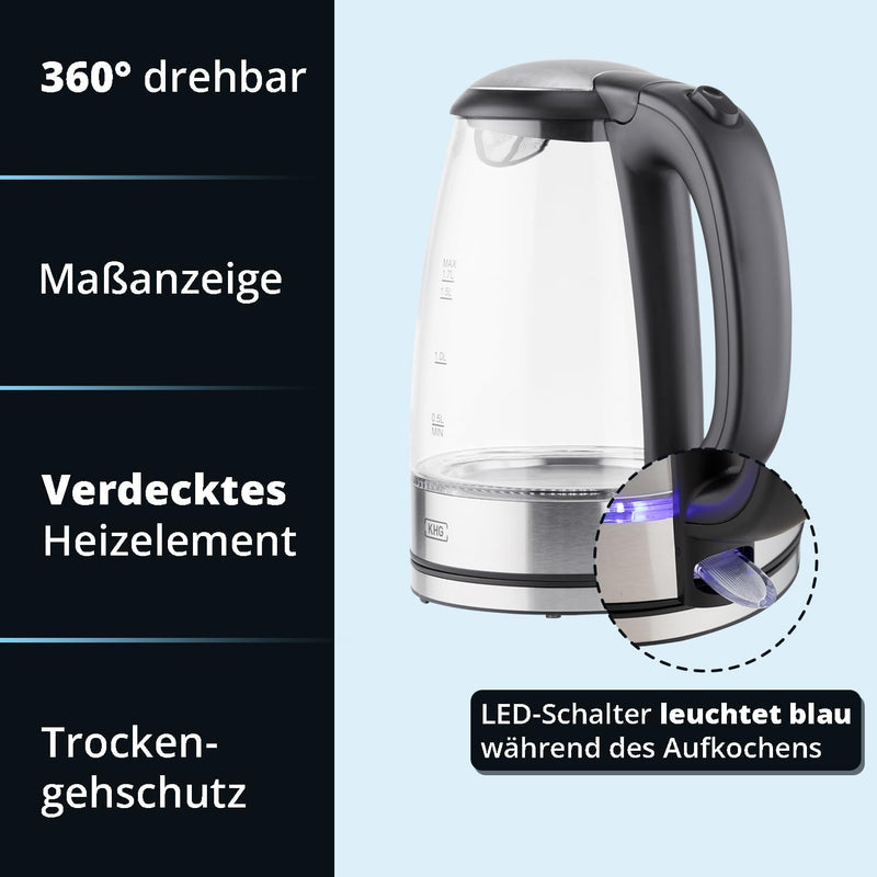 KHG WK-1715GES Wasserkocher Glas. LED, 1,7 Liter, Kalkfilter, Trockengehschutz & Abschaltautomatik,