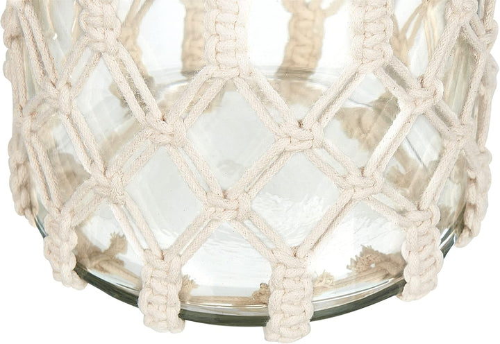 Laterne Glas weiss 28 cm mit Griff Makramee geflochten Tischdeko Boho Jalebi