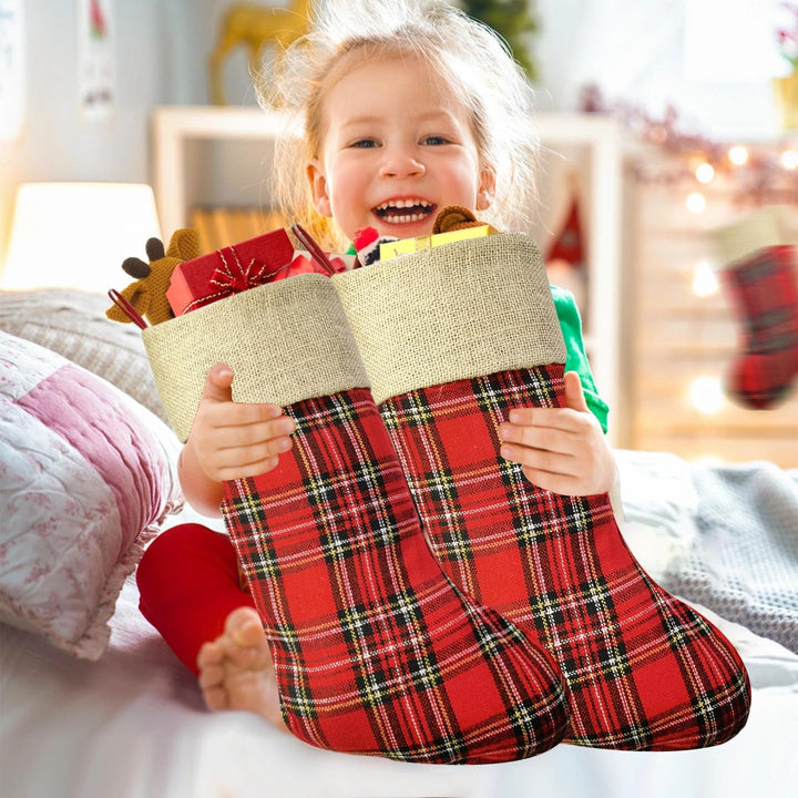 2 Stück Weihnachtsstrumpf, Plaid Nikolausstrumpf 48cm gross mit Jute Cuff zum befüllen, Dekoration f