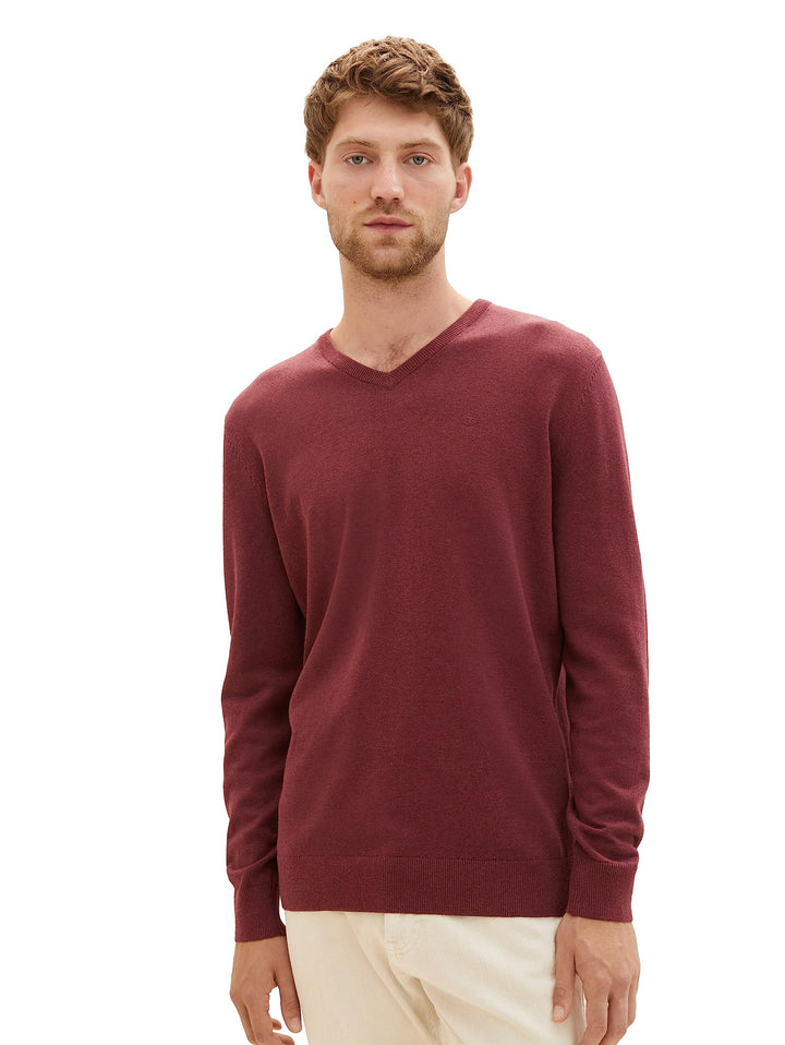 TOM TAILOR Herren Basic Strickpullover mit V-Ausschnitt XXL 32620 - Tawny Port Red Melange, XXL 3262