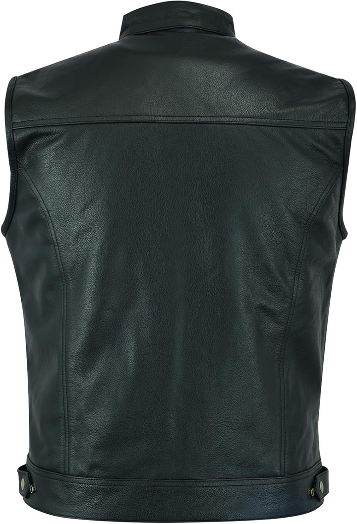 Leatherick Herren Biker Weste aus echtem Leder mit offenen Knöpfen für Reiten und modische Weste (2X