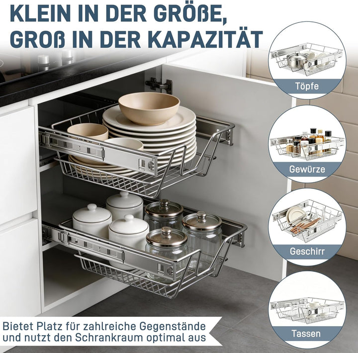 NAIZY 2x Teleskopschublade 60cm Breite Küchenschublade anwendbar Küchen Regal Silber aus Massiver Ed