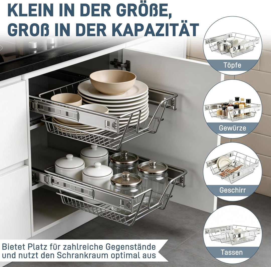 NAIZY 2x Teleskopschublade 60cm Breite Küchenschublade anwendbar Küchen Regal Silber aus Massiver Ed
