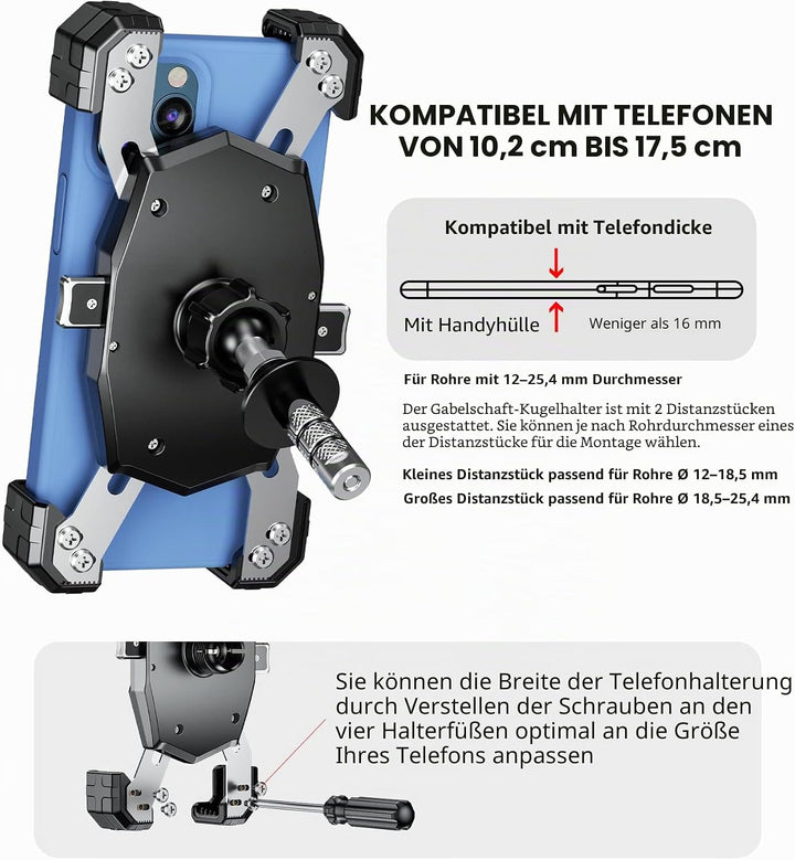 Kewig Motorrad Gabelschaft Handyhalterung, Motorrad Handyhalterung, 1S One-Push, Automatisches Verri
