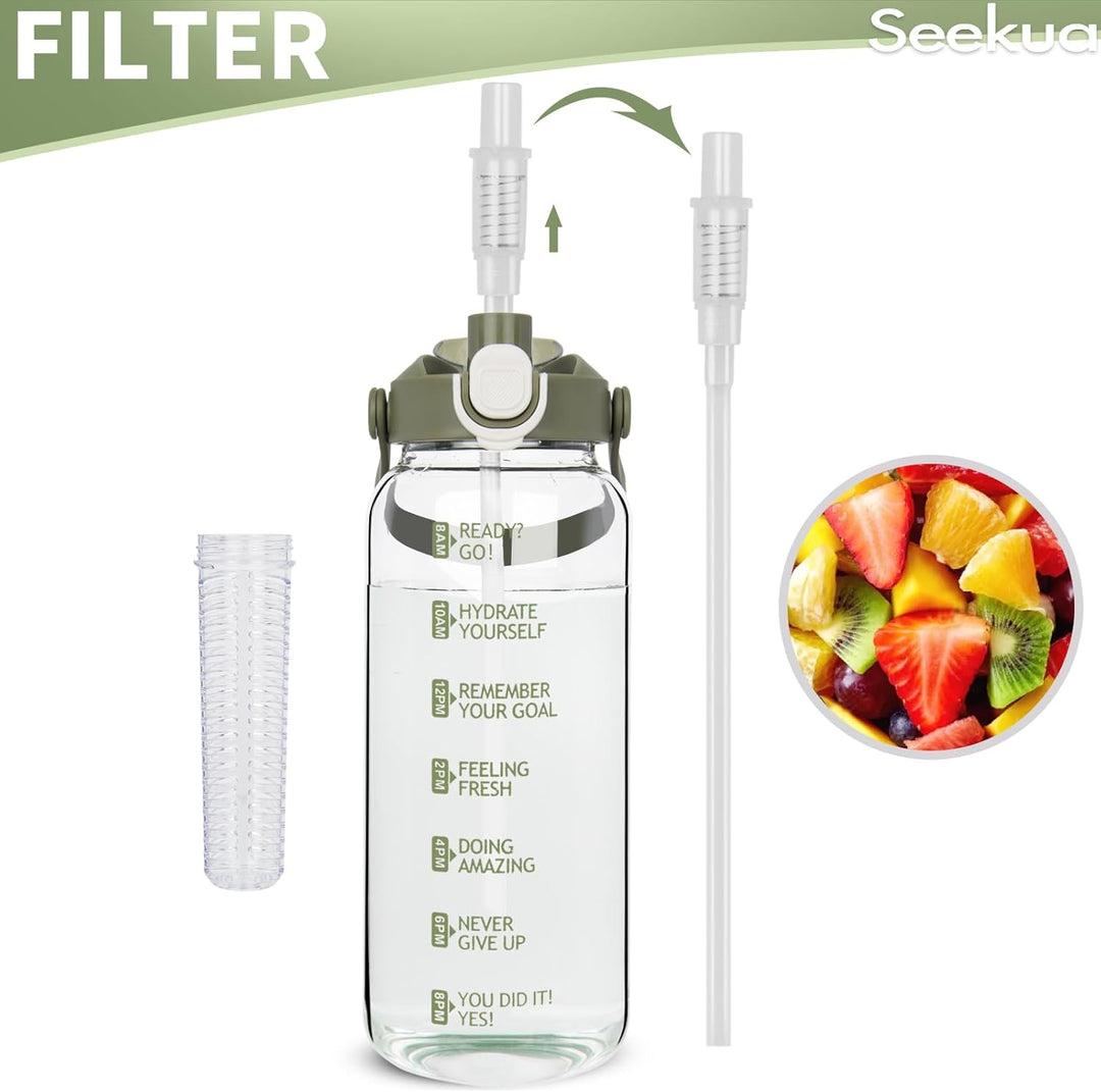 Seekua 1.5 liter Trinkflasche Glas Flasche mit Strohhalm & Zeitmarkierung, 1.5l Wasserflasche mit Fr