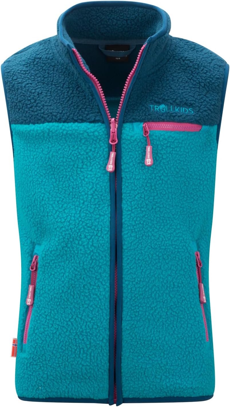Trollkids Kinder Fleeceweste Hemsedal, 98 Dark Turquoise/Madeira Blue/Bright Berry