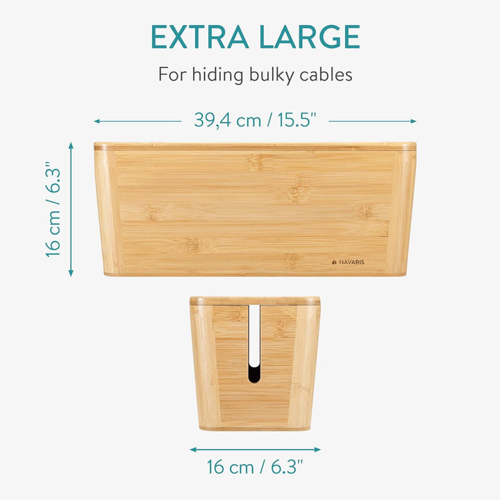 Navaris Bambus Kabelbox mit Deckel - Organizer für Kabel 39x16x16cm - Kabeldose Ordnung - Box Kabela