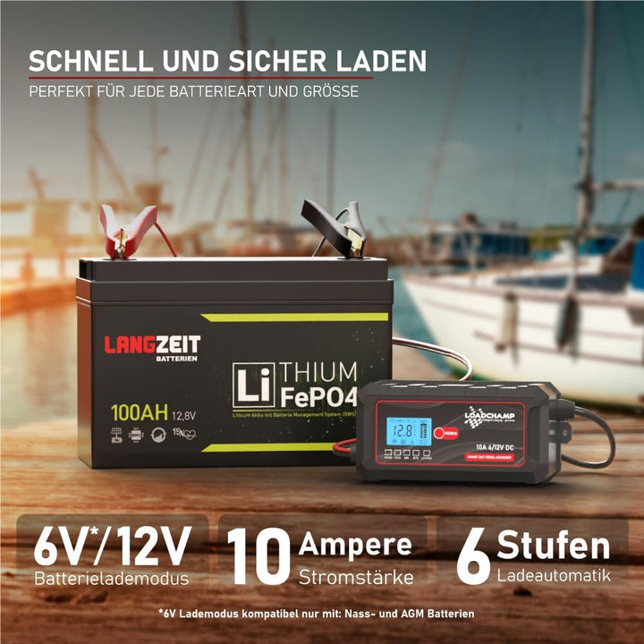 Loadchamp LiFePO4 Ladegerät 6V/12V 10A Batterieladegerät für Auto Motorrad Roller Rasenmäher Batteri