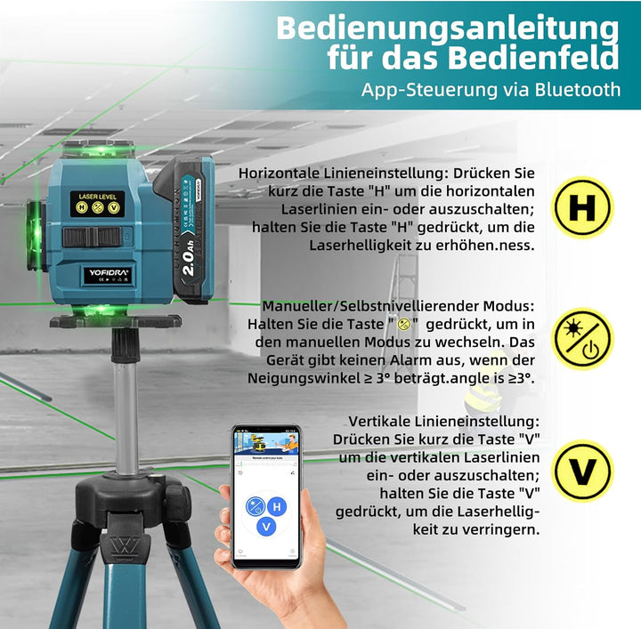 Yofidra Kreuzlinienlaser mit Stativ - 4 x 360°16 Linien Grün Laser Wasserwaage, Selbstnivellierender