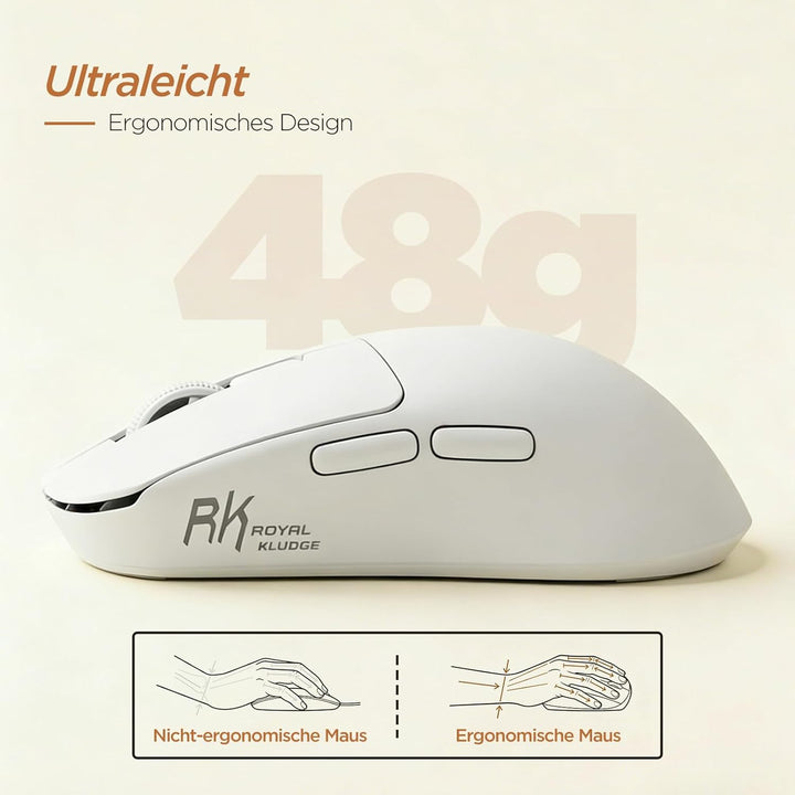 RK ROYAL KLUDGE MO3 Gaming Maus Kabellose PAW3809 6K DPI 48g leichte Computer Maus Bluetooth/2.4G/Ka