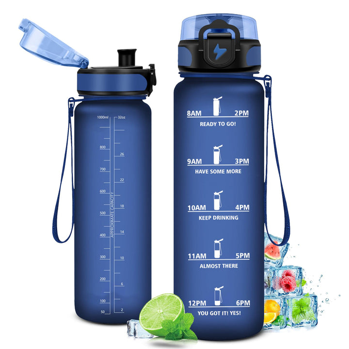 Trinkflasche 500ml/1L, Trinkflasche mit Zeitmarkierung und Filter, Auslaufsicher Wasserflasche Kohle