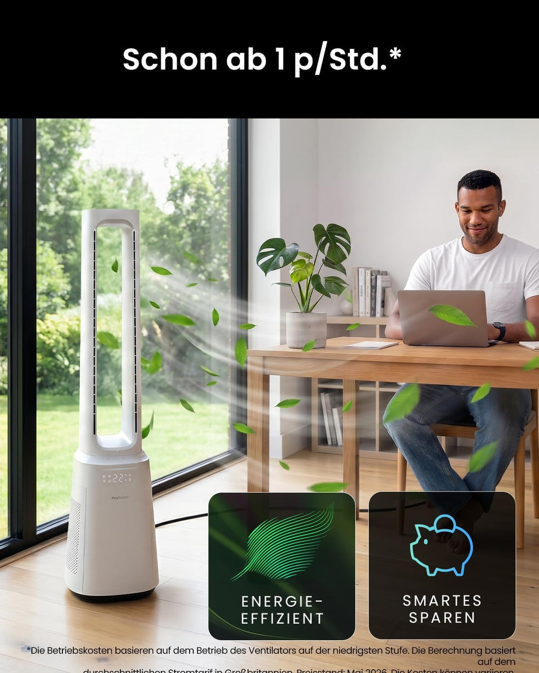 Pro Breeze 105cm rotorloser Ventilator mit Luftreiniger, Turmventilator sehr leise mit Fernbedienung