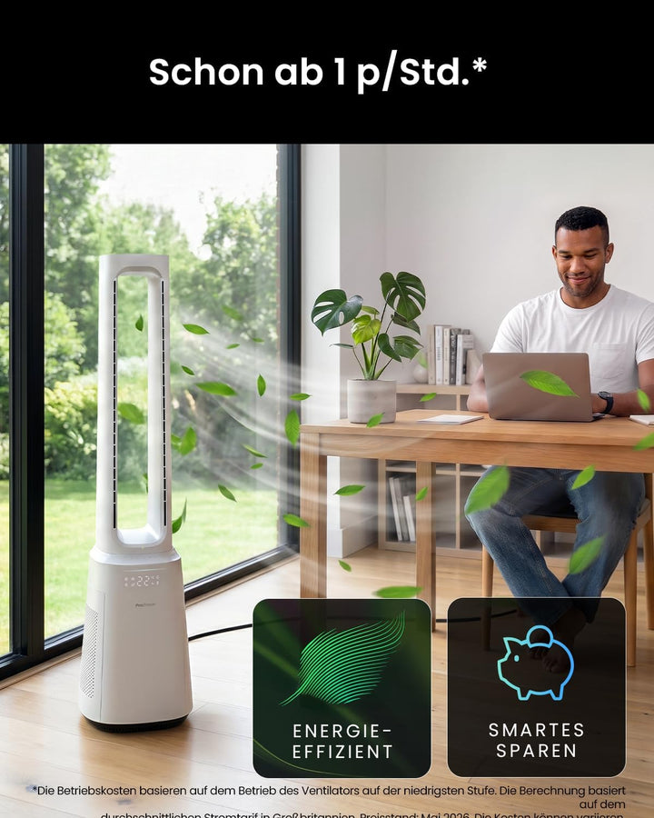 Pro Breeze 105cm rotorloser Ventilator mit Luftreiniger, Turmventilator sehr leise mit Fernbedienung