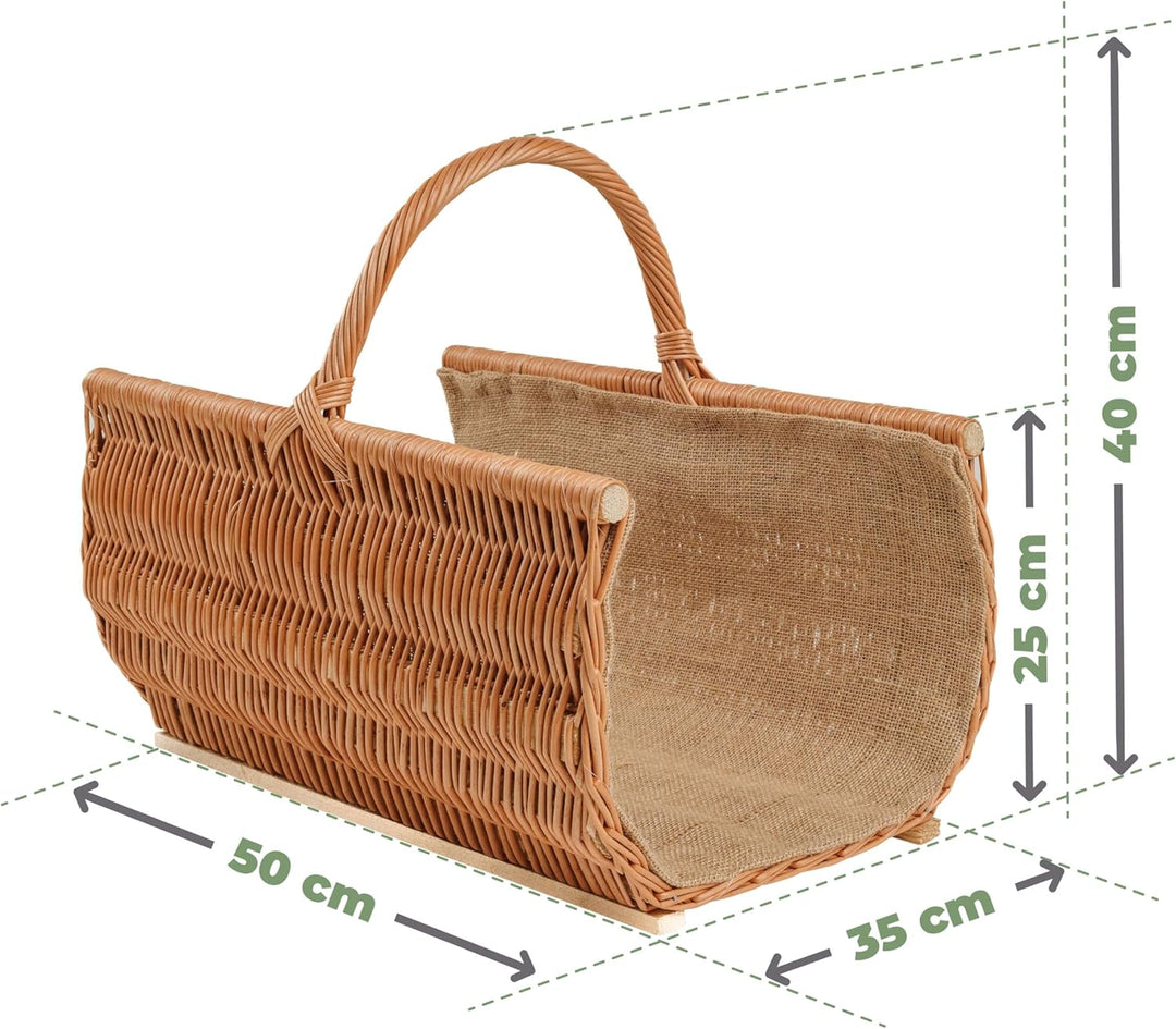 BOGATECO Weidenkorb mit Griff | Kaminkorb 50X35X25 | Handgewebt | Holzkorb mit Verstärkung 50 x 25 x