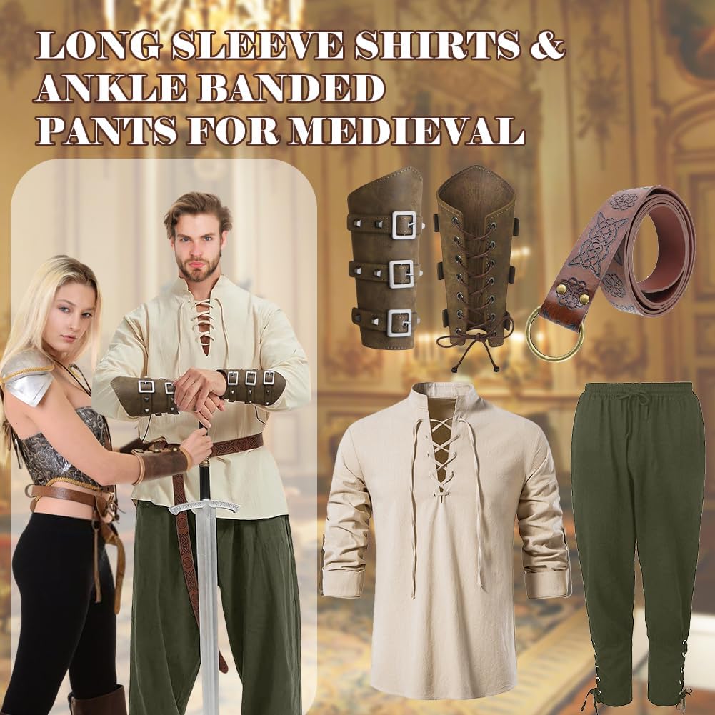 Herren Renaissance Kostüm 5PCS Mittelalter Retro Viking Langarm Shirts, Knöchel Gebänderte Hosen, PU
