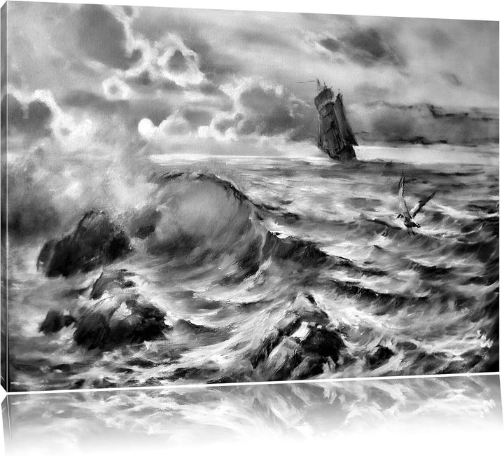 Pixxprint Monocrome, Sturm überm Meer Kunst, Format: 100x70 auf Leinwand, 100x70