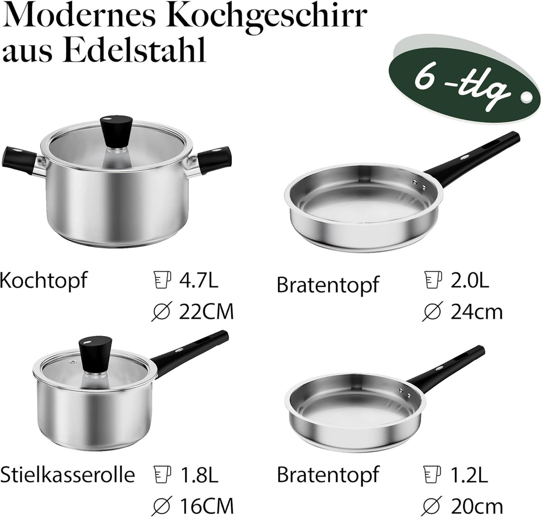 Topfset 6-Teilig Kochtopfset Induktion Töpfe Kochtopf Pfannenset Edelstahl Cookware Set Mit Deckel V