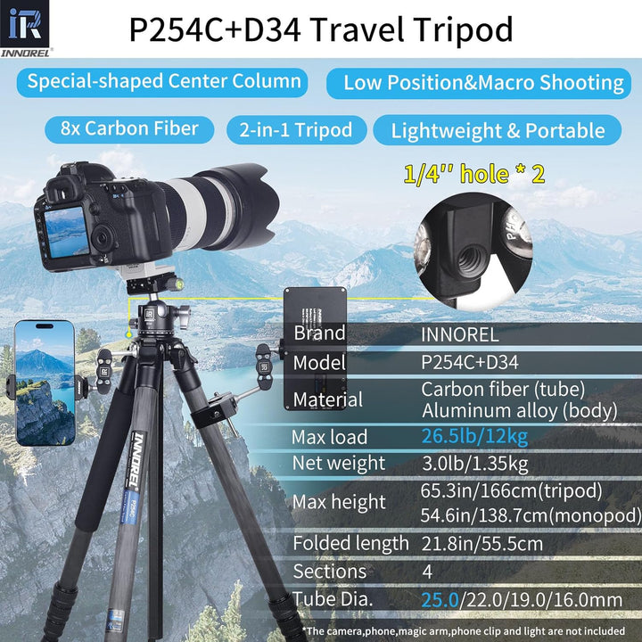INNOREL P254C Kohlefaser-Stativ, 158,8 cm, kompaktes, leichtes Stativ und Einbeinstativ für DSLR-Kam