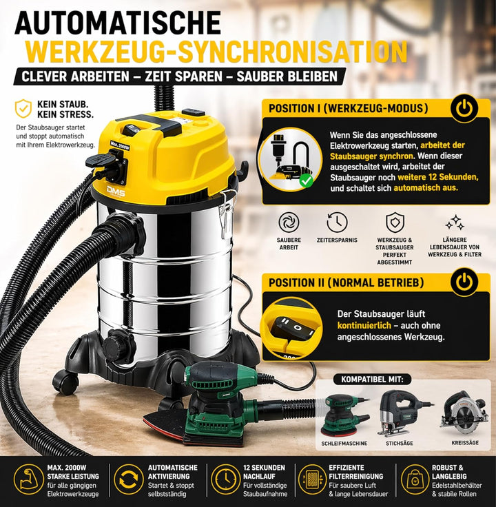 DMS Industriestaubsauger mit 2300 Watt | Nasssauger | Trockensauger | Edelstahl | Blasfunktion | Fil