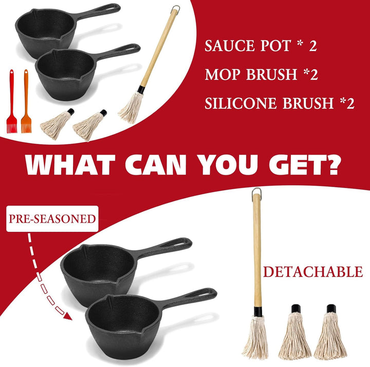 Gusseisen Kochtopf, BBQ Mop Pinsel Set zum Grillen BBQ Basting Set mit Mini Gusseisen Sauce Topf und