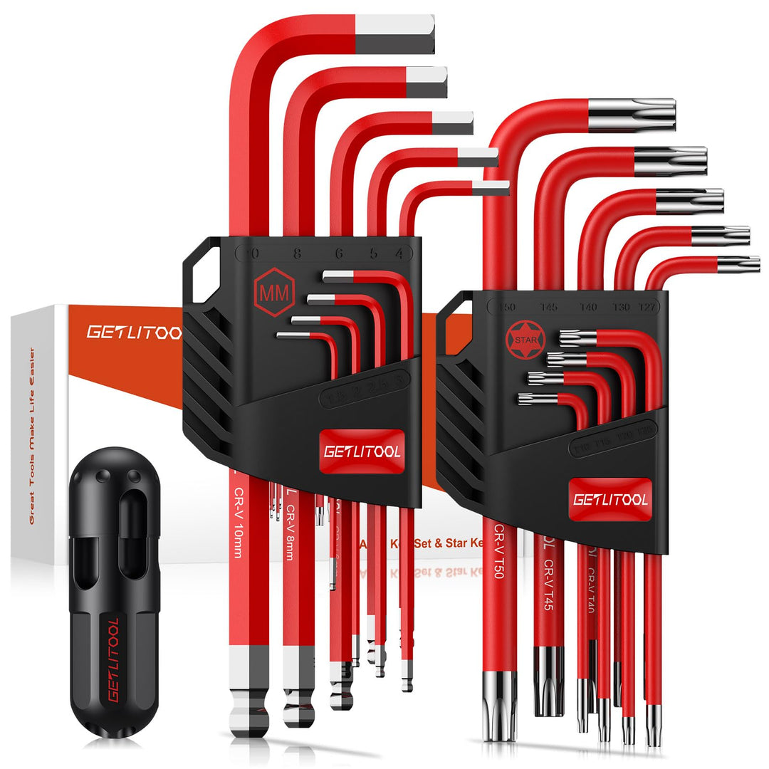 GETLITOOL Innensechskant Satz, 18tlg. Innensechskantschlüssel Kugel HX 1,5mm-10mm & Torx Winkelschlü