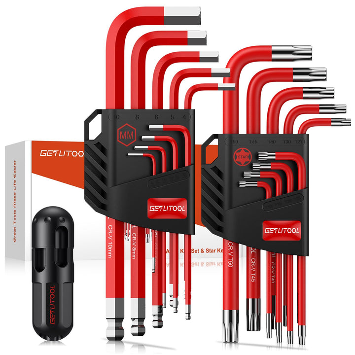 GETLITOOL Innensechskant Satz, 18tlg. Innensechskantschlüssel Kugel HX 1,5mm-10mm & Torx Winkelschlü