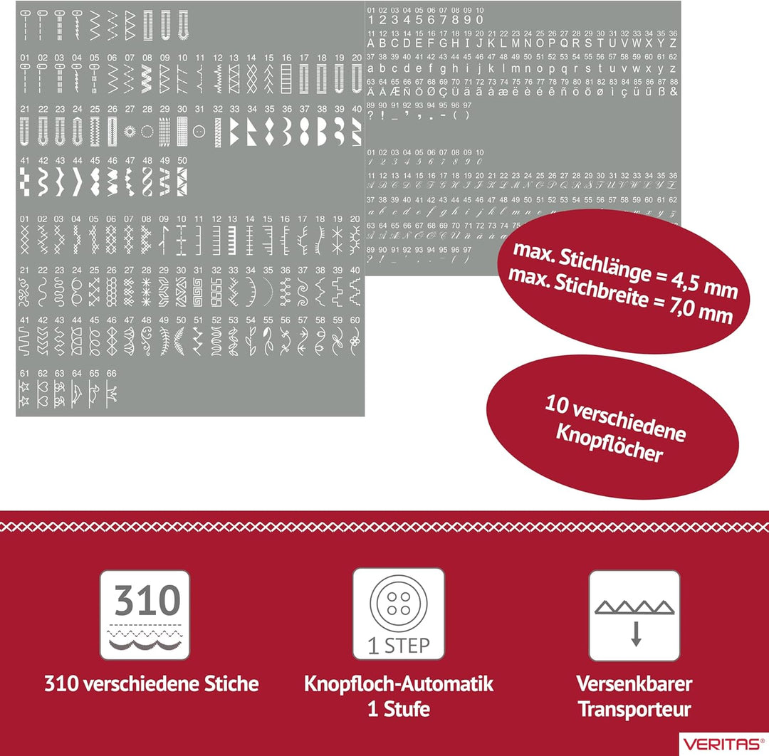 VERITAS Nähmaschine Marion I Computer-Nähmaschine I 310 Programme inkl. Speicherfunktion I Stiche sp