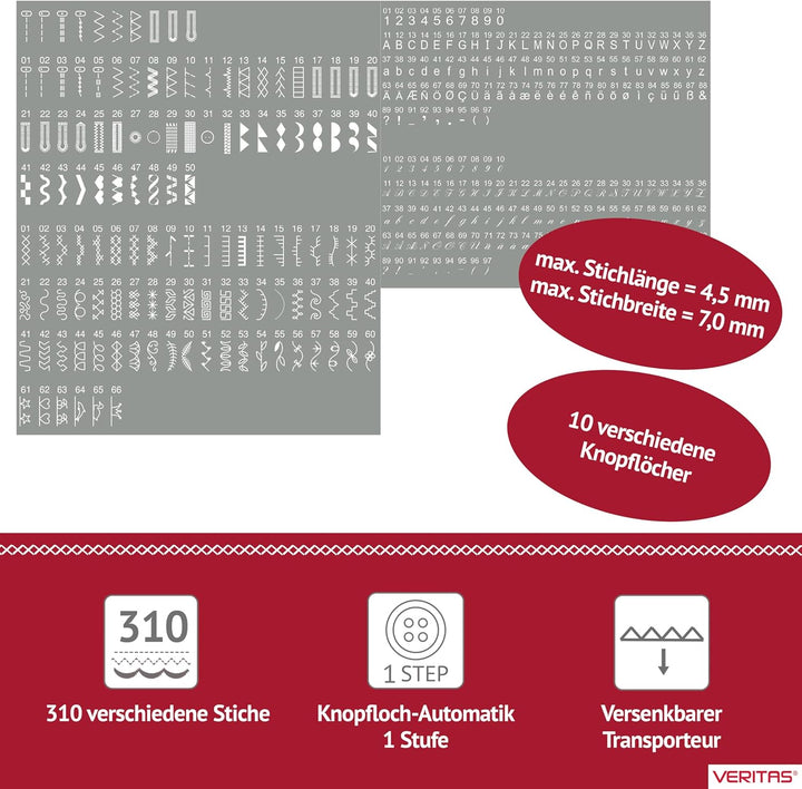 VERITAS Nähmaschine Marion I Computer-Nähmaschine I 310 Programme inkl. Speicherfunktion I Stiche sp