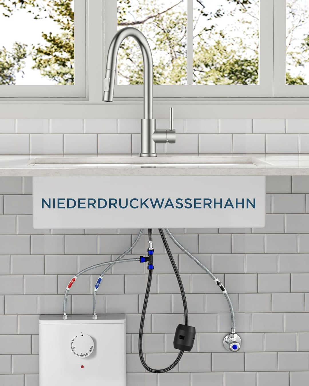 FORIOUS Niederdruckarmatur küche, Ausziehbarer Küchenarmatur, Wasserhahn mit 3 anschluessen fuer boi