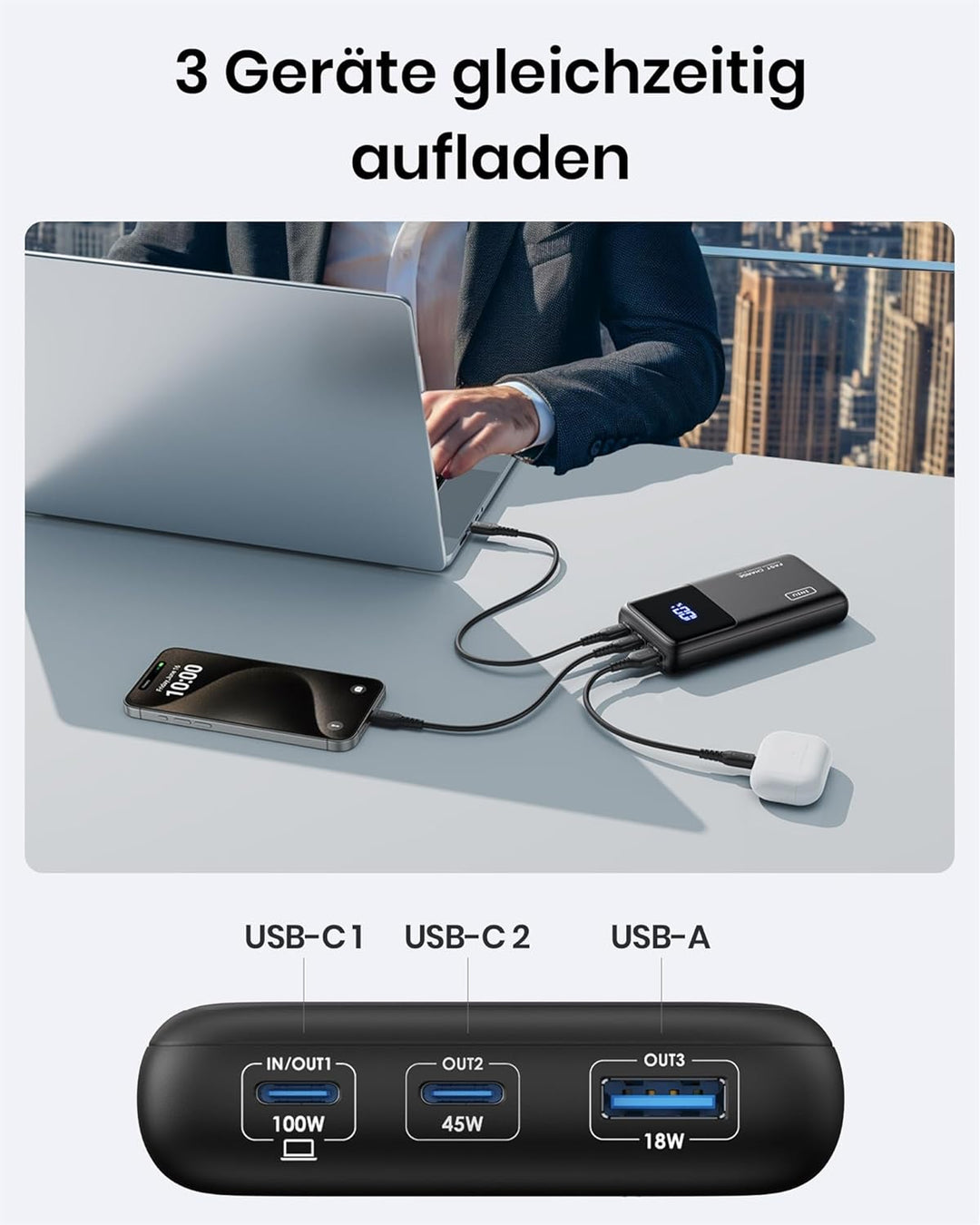 INIU Power Bank, 65 W PD 25000 mAh Powerbank, Ultimatives USB-C-Schnellladen (Laden von Telefon und