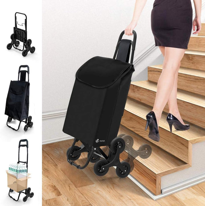 VOUNOT Einkaufstrolley Klappbar Treppensteiger, 3 Räder Einkaufswagen Faltbar, Einkaufsroller Trolly