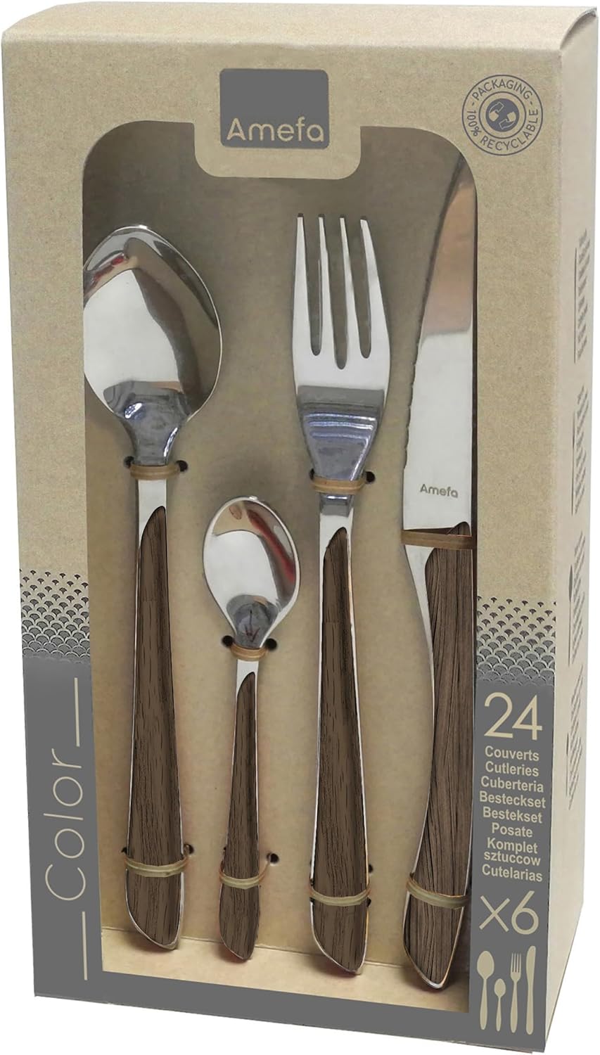 Amefa ECLAT Besteck Set | NATURE dunkles Holz | Essbesteck 24-teilig für 6 Personen | Edelstahl rost