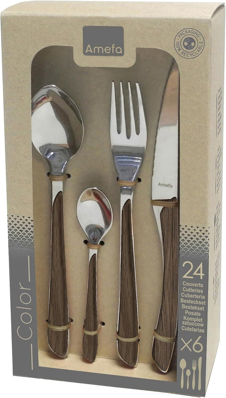 Amefa ECLAT Besteck Set | NATURE dunkles Holz | Essbesteck 24-teilig für 6 Personen | Edelstahl rost