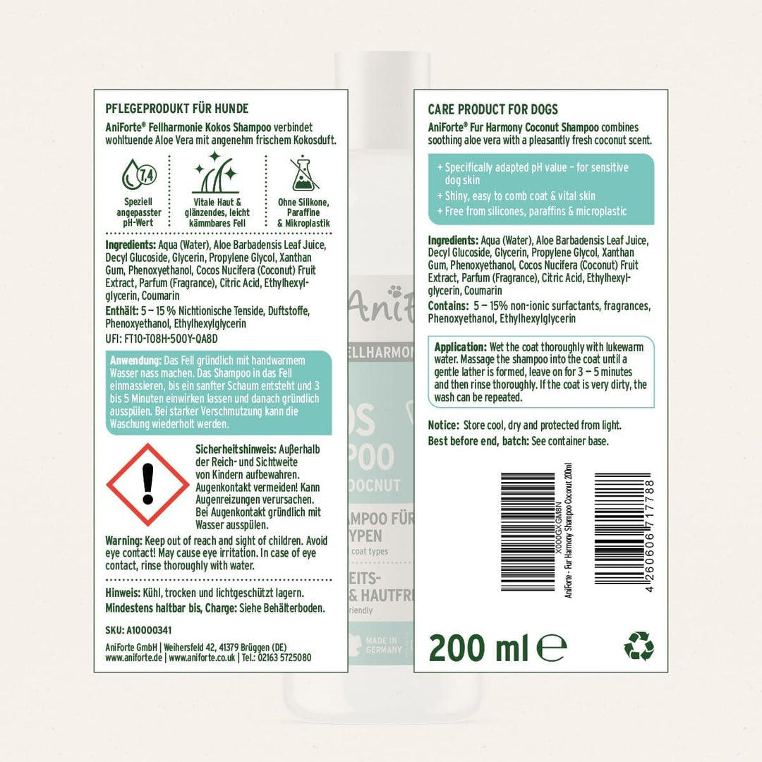 AniForte Fellharmonie Hundeshampoo mit Kokosöl & Aloe Vera 200ml – Pflegeshampoo für Hunde, Vitale H