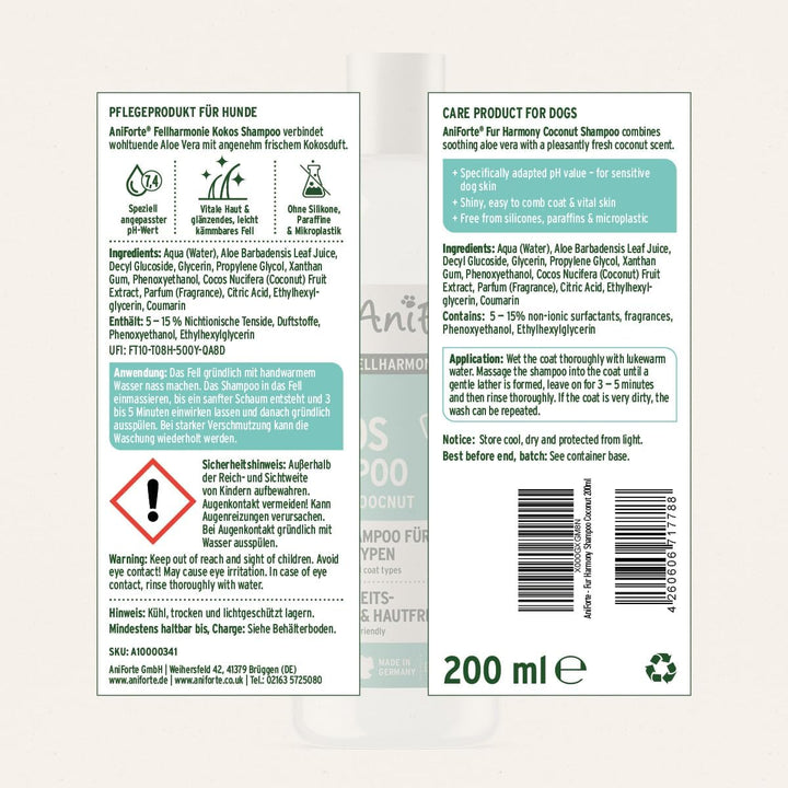 AniForte Fellharmonie Hundeshampoo mit Kokosöl & Aloe Vera 200ml – Pflegeshampoo für Hunde, Vitale H
