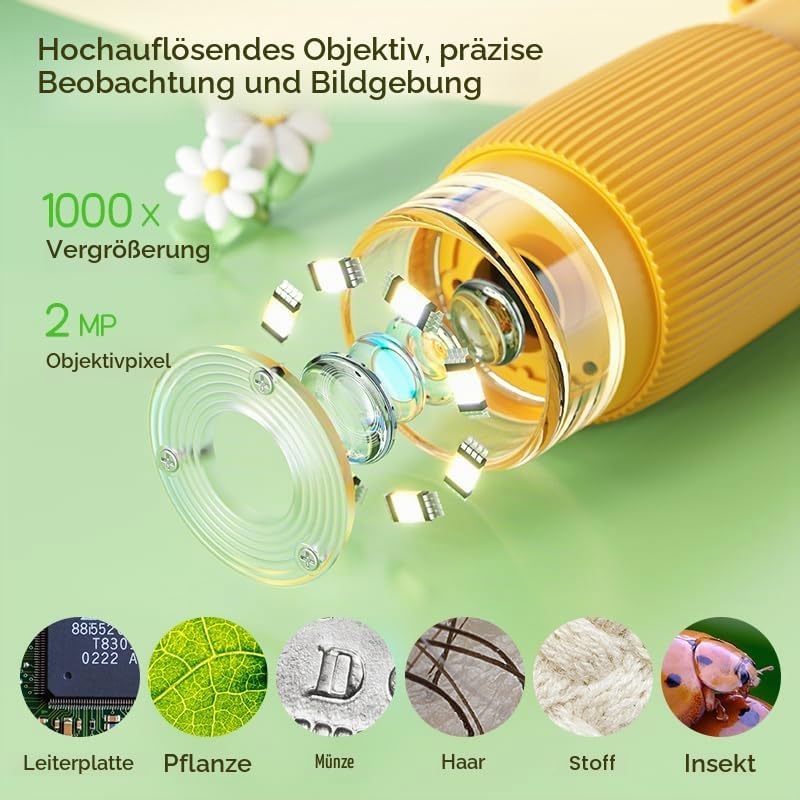 Daxiongmao Kinder Mikroskop mit 2,0 Zoll IPS-Display, USB-Anschluss für PC, 8 LED Beleuchtung, 200-1