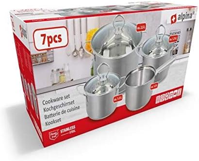 alpina Töpfe und Pfannen Set 4 Pfannen mit 3 Deckeln, Silver Grey