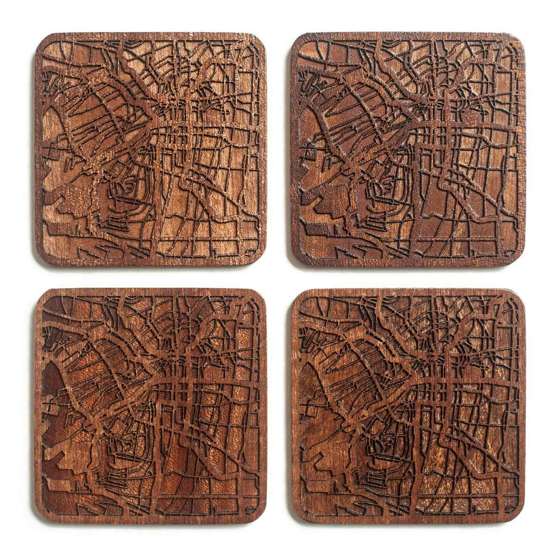 Osaka Untersetzer mit Landkarte aus Sapeli-Holz, 4 Stück, mit Stadtkarte, mehrere Stadt optional, ha